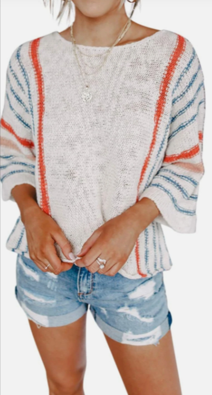 Dokotoo Striped Cable Knit Pullover Sweater Boho Beach Lightweight White M 6-10